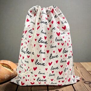 Valentine Heart Cotton Bread Bag, Reusable Sourdough Storage, Farmhouse Kitchen